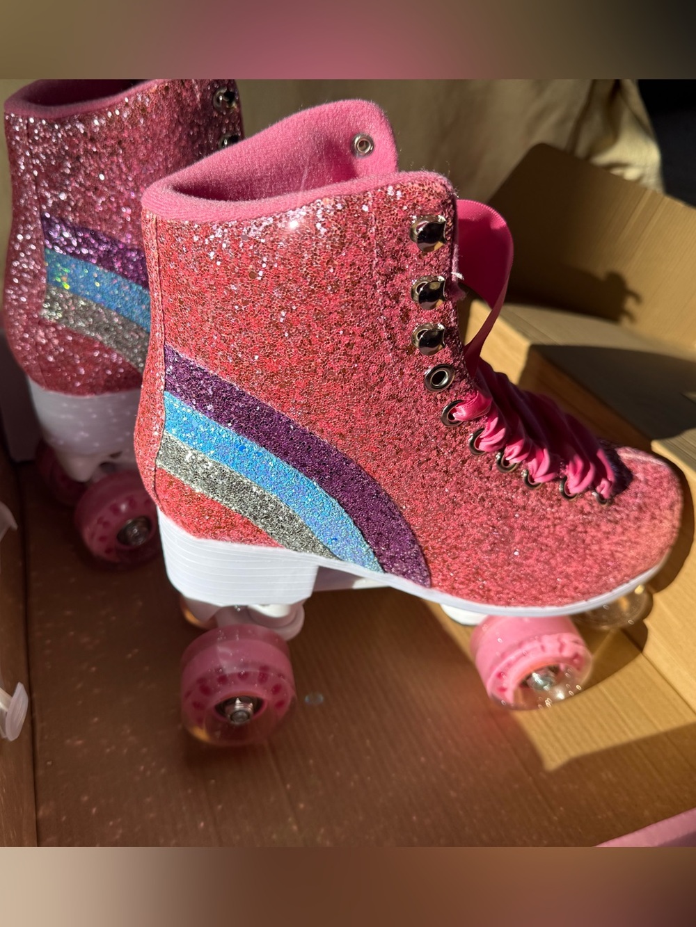 Sugar Thrillz Pink Glitter Roller Skates with Multicolor Stripe